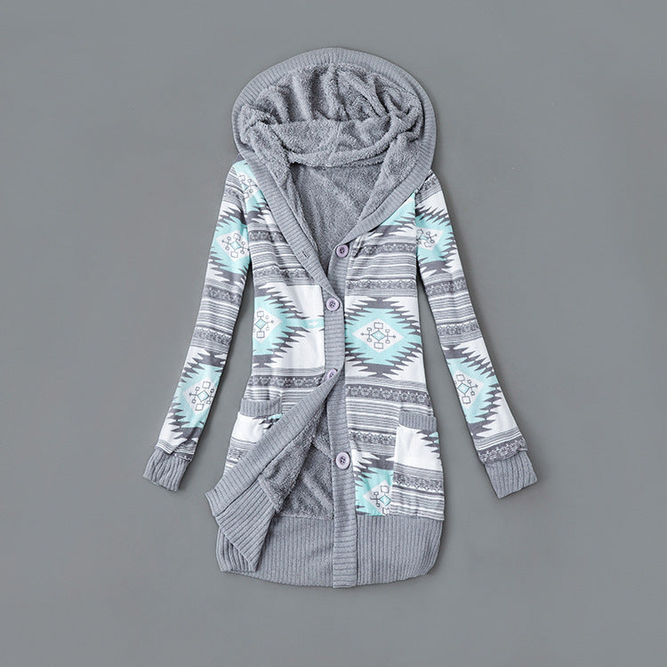 Women's Plush-Lined Printed Hooded Cardigan