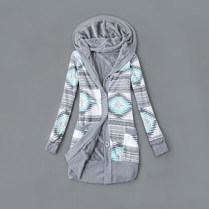 Women's Plush-Lined Printed Hooded Cardigan