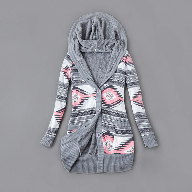 Women's Plush-Lined Printed Hooded Cardigan