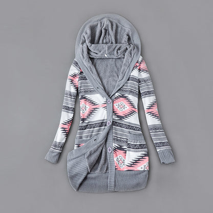 Women's Plush-Lined Printed Hooded Cardigan