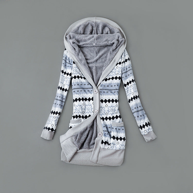 Women's Plush-Lined Printed Hooded Cardigan