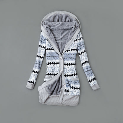 Women's Plush-Lined Printed Hooded Cardigan