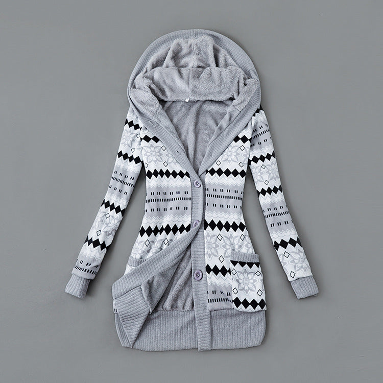 Women's Plush-Lined Printed Hooded Cardigan
