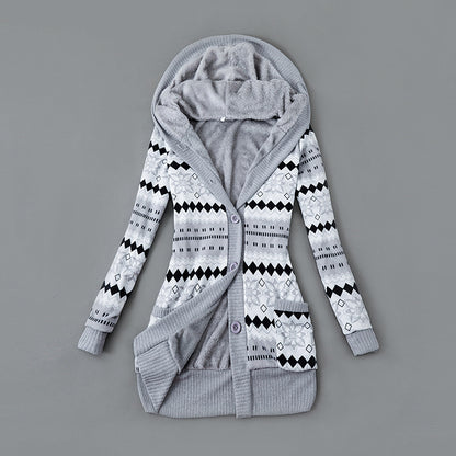 Women's Plush-Lined Printed Hooded Cardigan