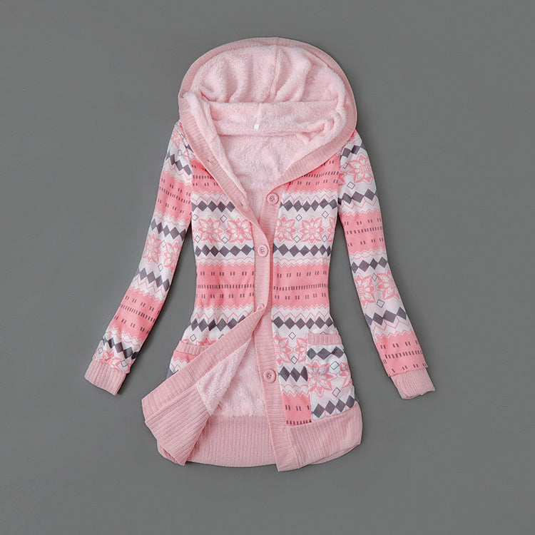 Women's Plush-Lined Printed Hooded Cardigan