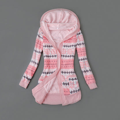 Women's Plush-Lined Printed Hooded Cardigan