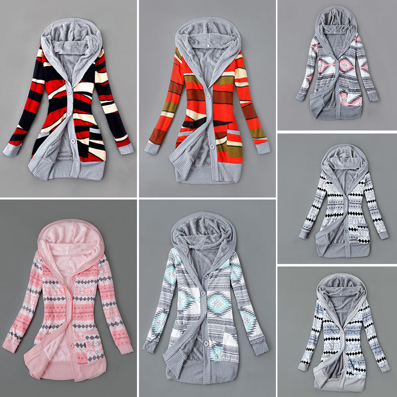 Women's Plush-Lined Printed Hooded Cardigan