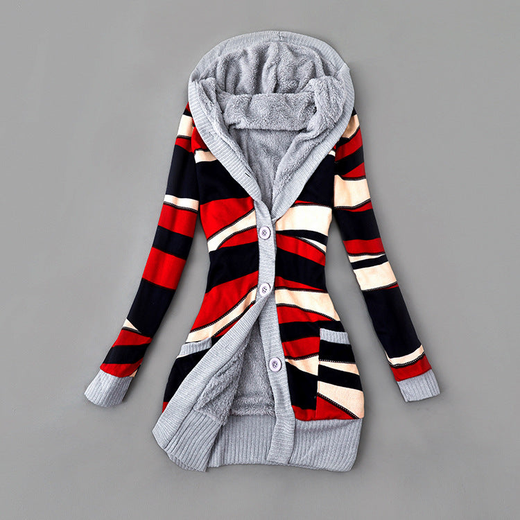 Women's Plush-Lined Printed Hooded Cardigan