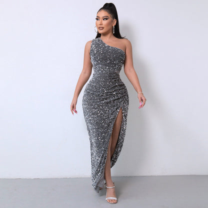💃Christmas Gift 50% OFF!!💋Women's Glitter Sequins One Shoulder Ruched Split Thigh Bodycon Dress