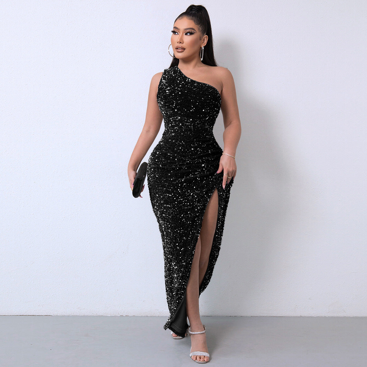 💃Christmas Gift 50% OFF!!💋Women's Glitter Sequins One Shoulder Ruched Split Thigh Bodycon Dress