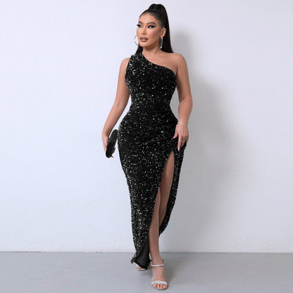 💃Christmas Gift 50% OFF!!💋Women's Glitter Sequins One Shoulder Ruched Split Thigh Bodycon Dress
