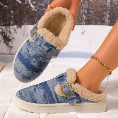 Denim Buckle Sheepskin Slippers™