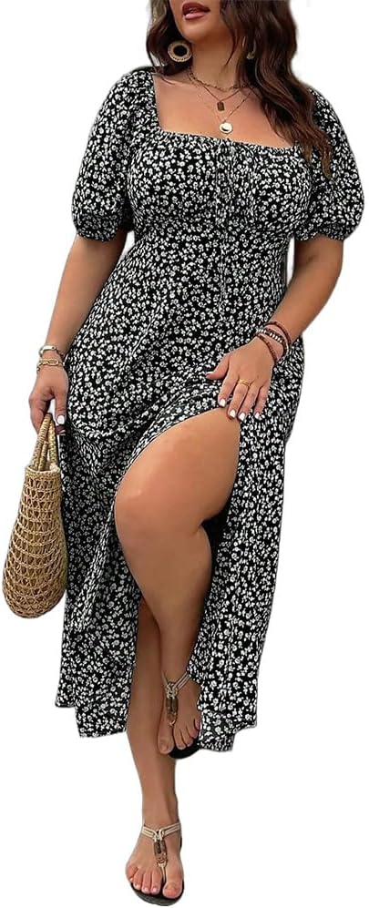 💎 FLASH SALE -50% on Plus Size Floral Maxi Dress! 💎 Bold Side Split, Soft Fabric & Effortless Boho Style for Curves✨