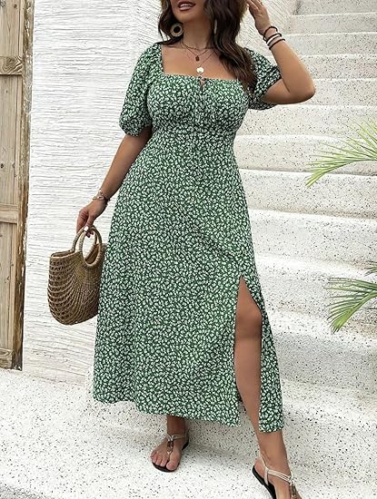 💎 FLASH SALE -50% on Plus Size Floral Maxi Dress! 💎 Bold Side Split, Soft Fabric & Effortless Boho Style for Curves✨