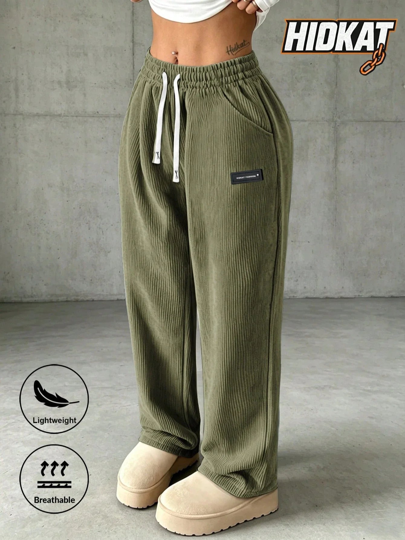 Women's Corduroy Straight Leg Pants with Drawstring Waist
