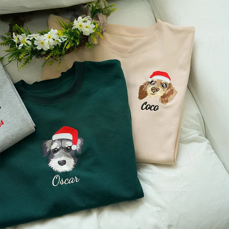 Custom Embroidered Pet Portrait Christmas Sweatshirt Hoodie Christmas Keepsake Gift for Dog & Cat Lovers
