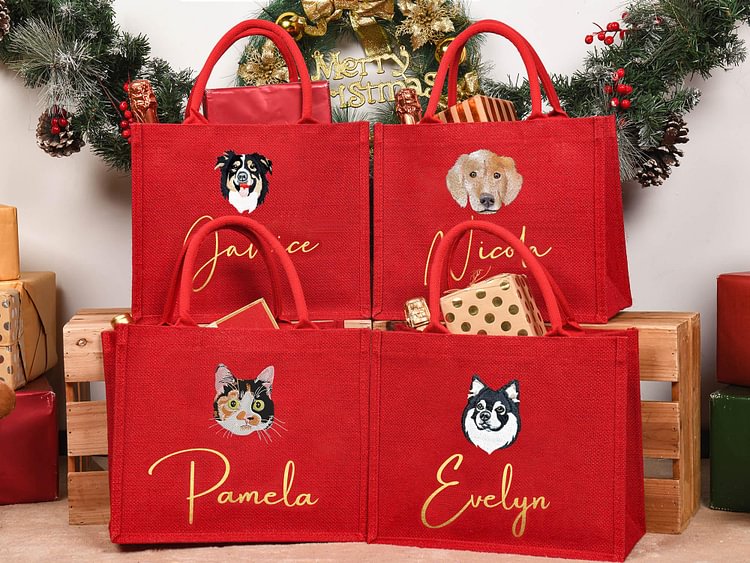 Personalized Pet Portrait Embroidered Christmas Gift Bag