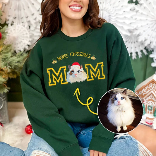 Custom Christmas Pet Face Embroidered Sweatshirt Hoodie For Dog Mom and Dog Dad