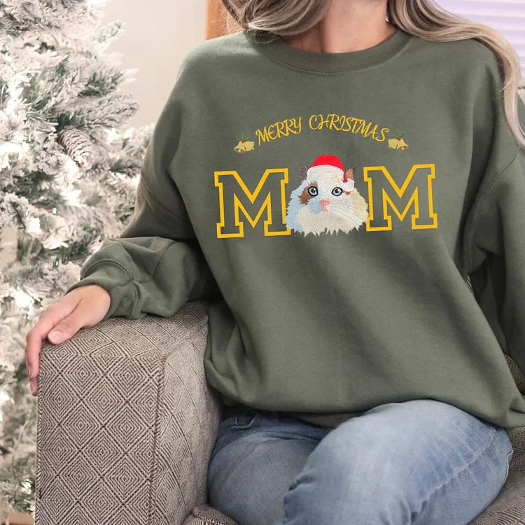 Custom Christmas Pet Face Embroidered Sweatshirt Hoodie For Dog Mom and Dog Dad