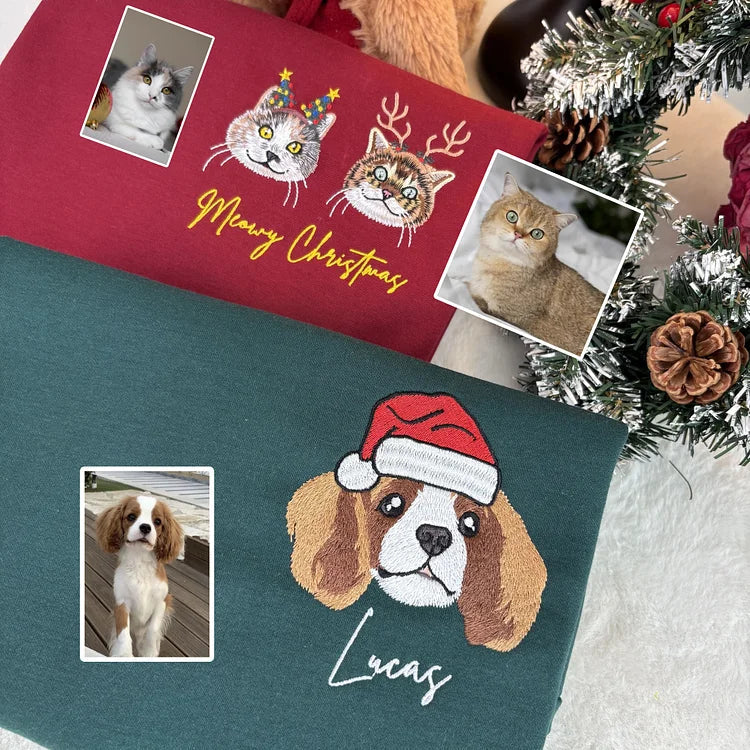 Custom Pet Portrait Chritmas Sweatshirt Custom Embroidered Dog Face Hoodie Keepsake Gift