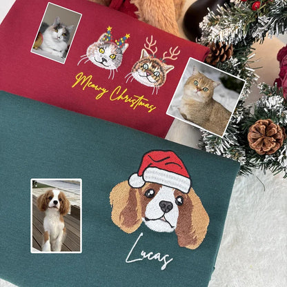 Custom Pet Portrait Chritmas Sweatshirt Custom Embroidered Dog Face Hoodie Keepsake Gift