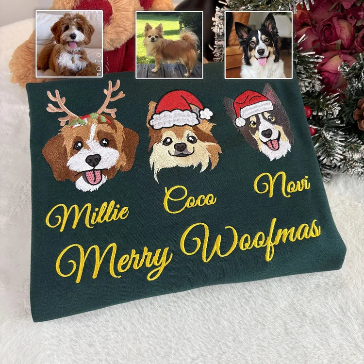Custom Pet Portrait Chritmas Sweatshirt Custom Embroidered Dog Face Hoodie Keepsake Gift