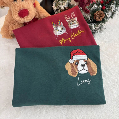 Custom Pet Portrait Chritmas Sweatshirt Custom Embroidered Dog Face Hoodie Keepsake Gift