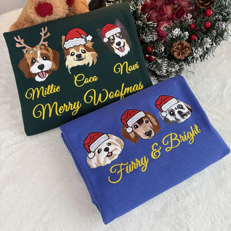 Custom Pet Portrait Chritmas Sweatshirt Custom Embroidered Dog Face Hoodie Keepsake Gift