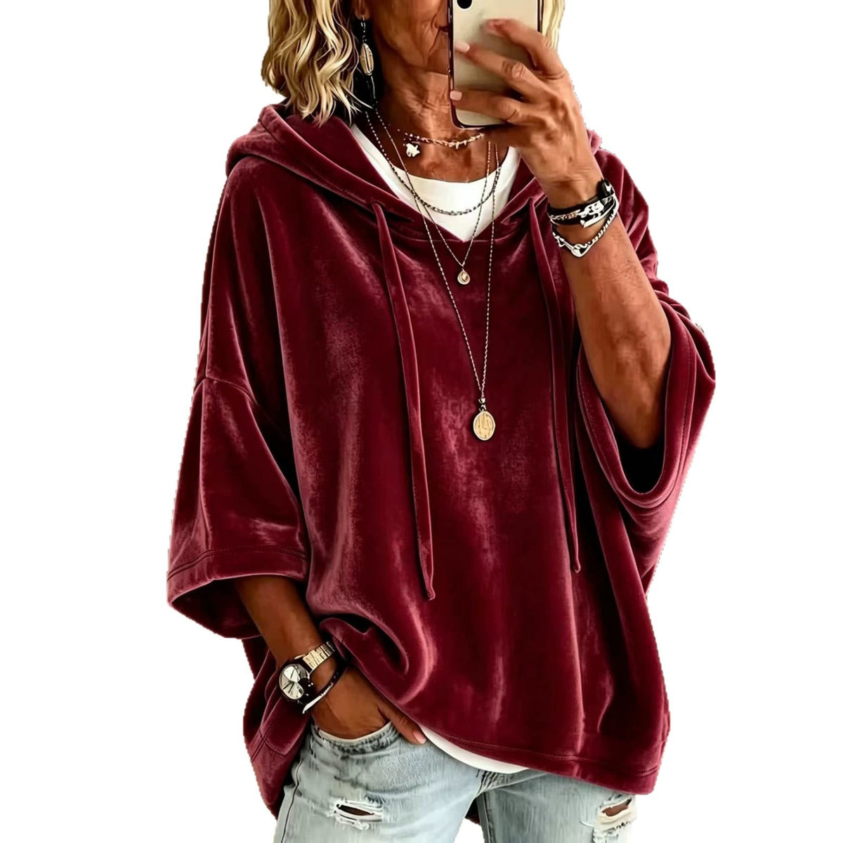 Women's Velvet Oversized Hoodie - Soft Batwing Pullover Hooded Sweatshirt