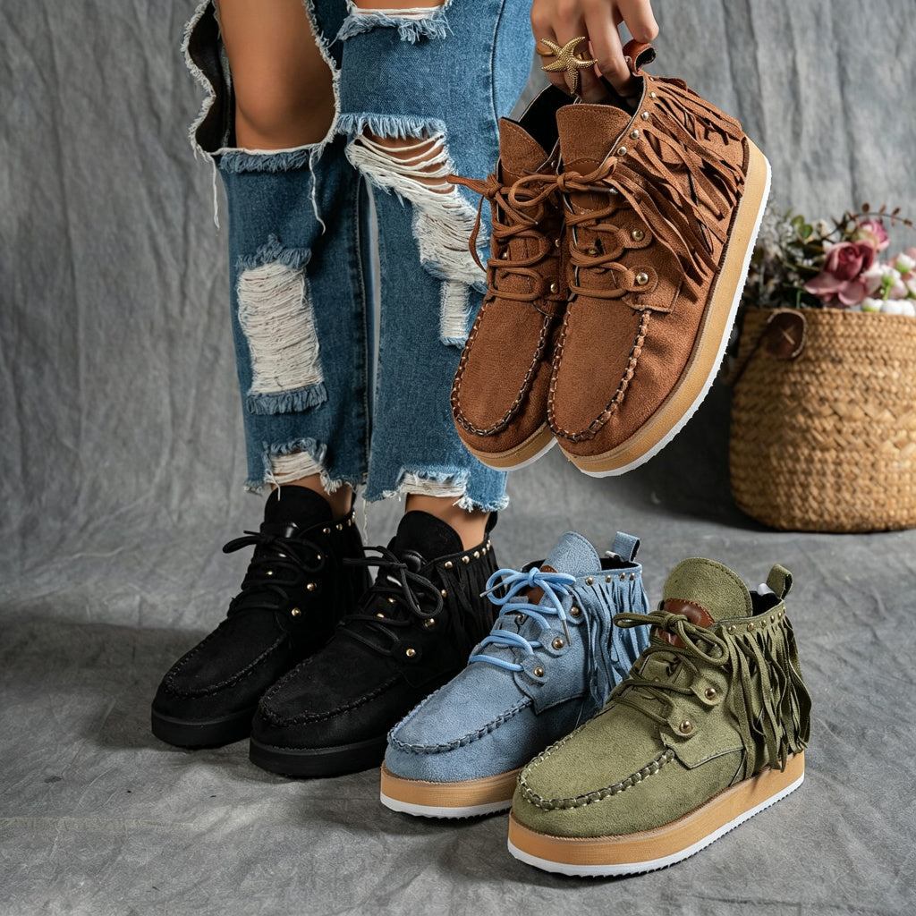 Women's Plus-Size Fringed Ankle Boots — Warm Plush-Lined Retro Lace-Up Boots