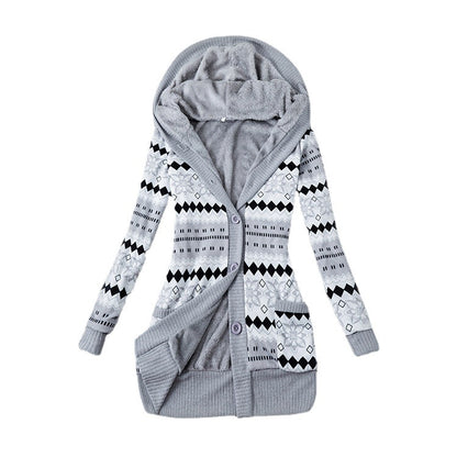 Women's Plush-Lined Printed Hooded Cardigan