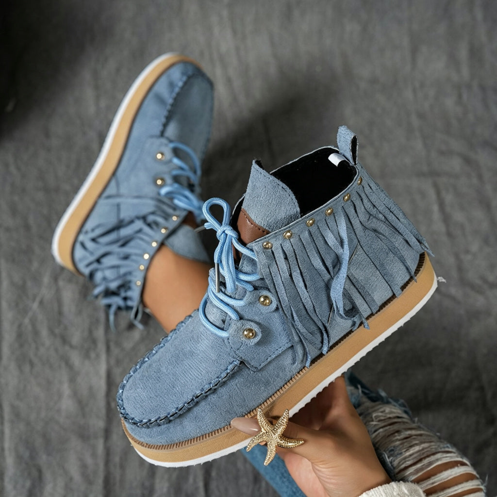 Women's Plus-Size Fringed Ankle Boots — Warm Plush-Lined Retro Lace-Up Boots