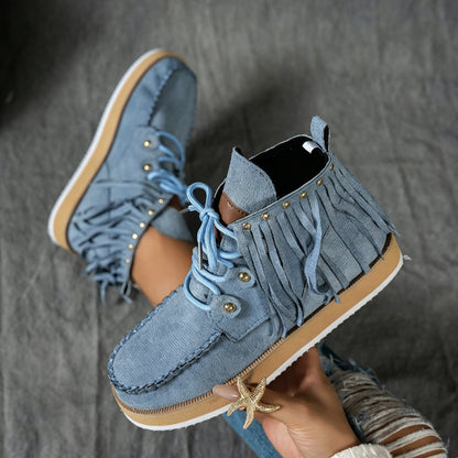 Women's Plus-Size Fringed Ankle Boots — Warm Plush-Lined Retro Lace-Up Boots
