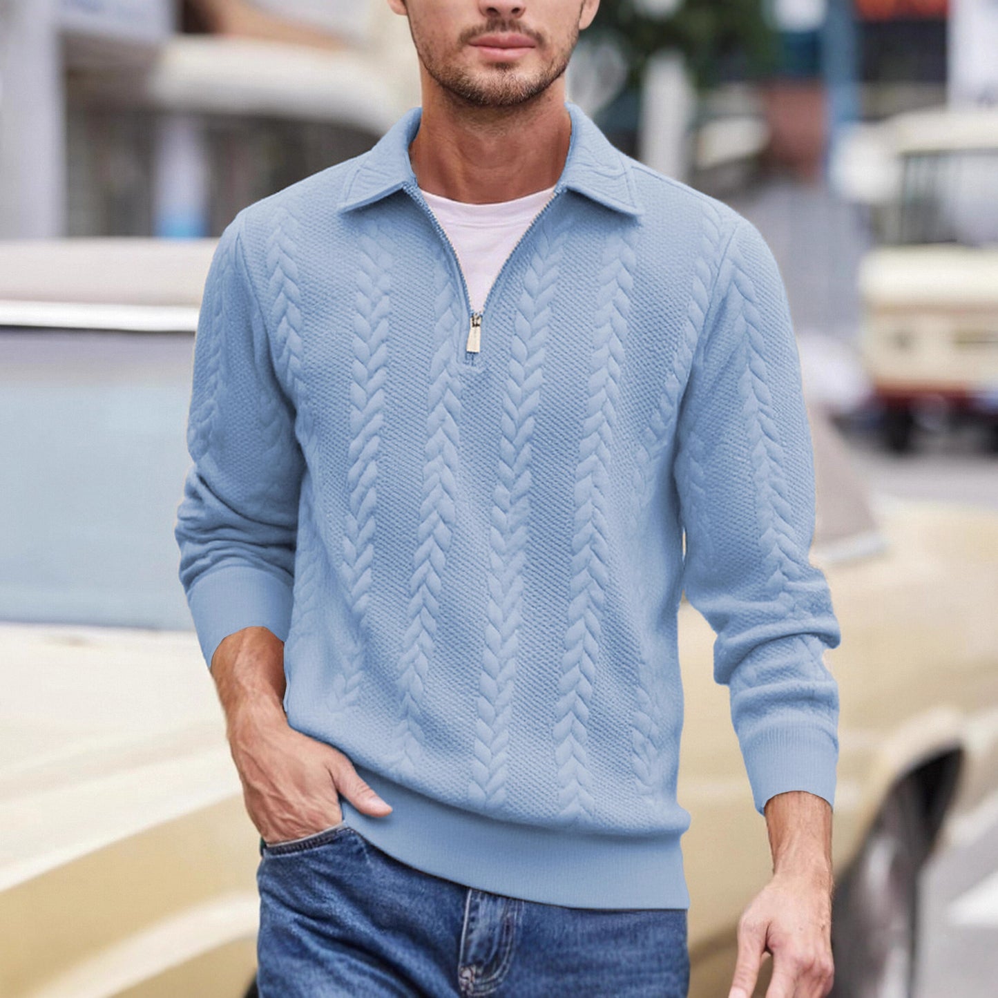 Men's Cable Knit Quarter-Zip Polo Sweater