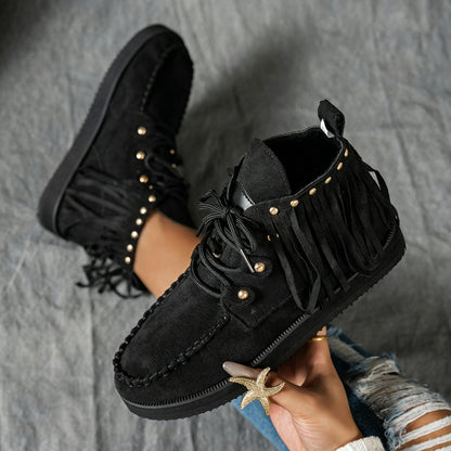 Women's Plus-Size Fringed Ankle Boots — Warm Plush-Lined Retro Lace-Up Boots