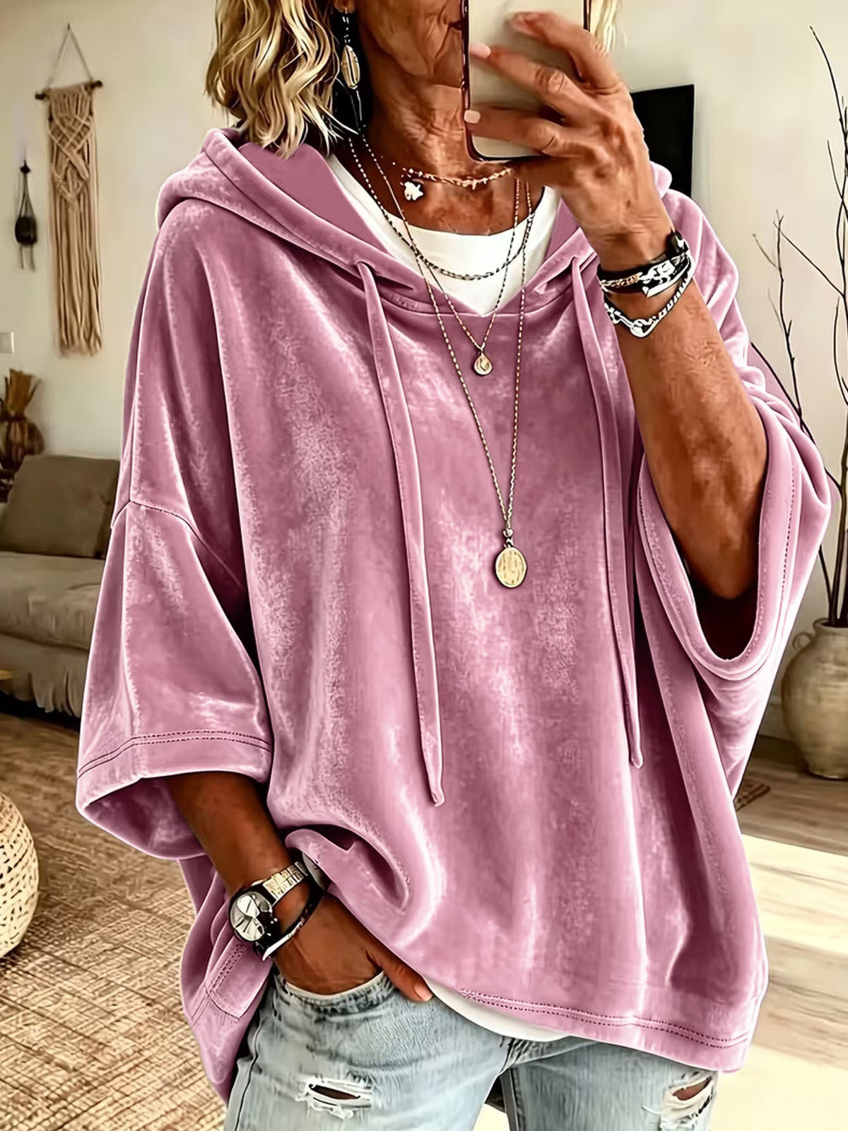 Women's Velvet Oversized Hoodie - Soft Batwing Pullover Hooded Sweatshirt