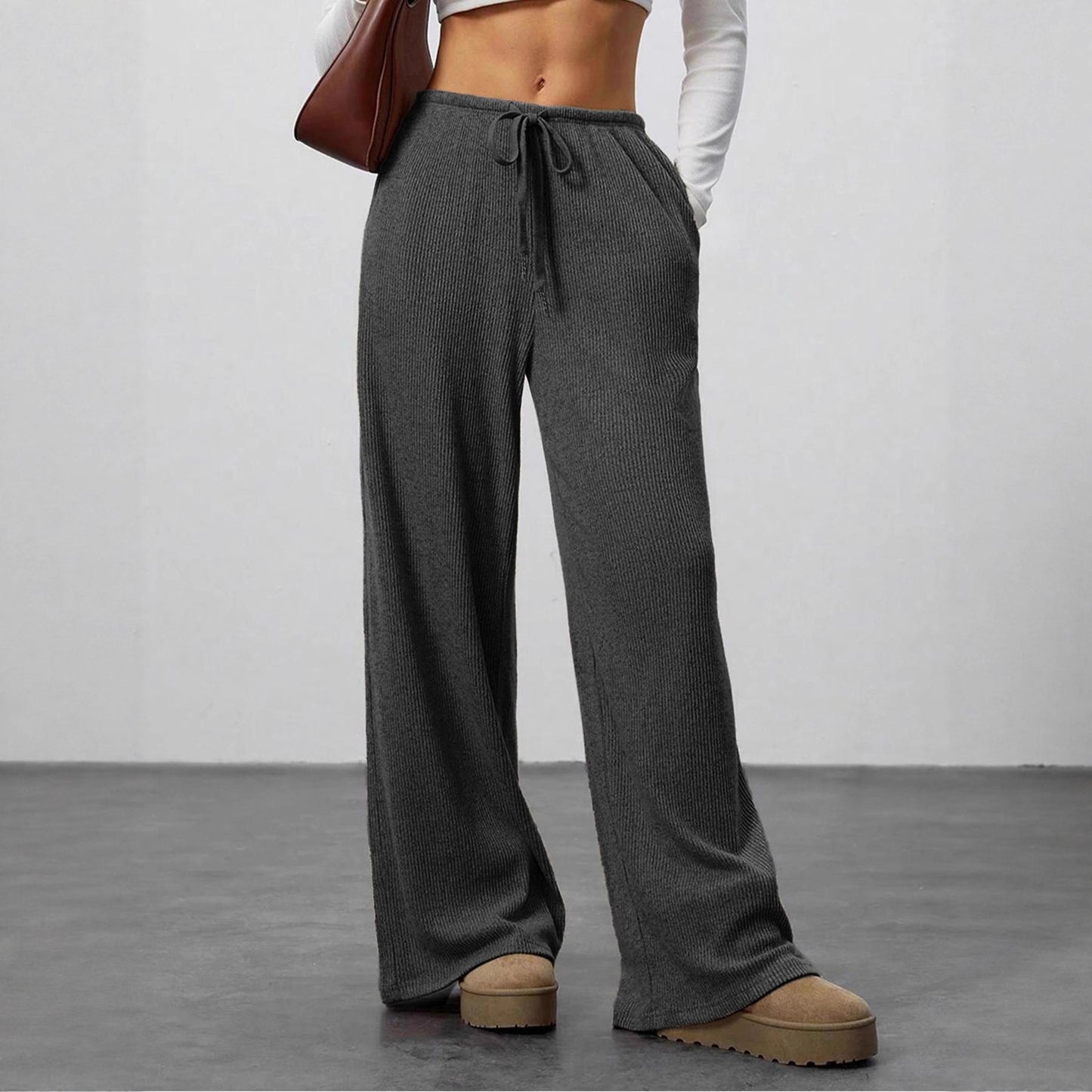 Amazon Cross-border Foreign Trade New European and American Women's Solid Sagging Waist Drawstring Wide Leg Casual Pants Straight Leg Pants Commute