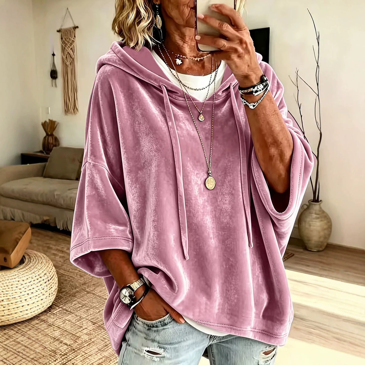 Women's Velvet Oversized Hoodie - Soft Batwing Pullover Hooded Sweatshirt