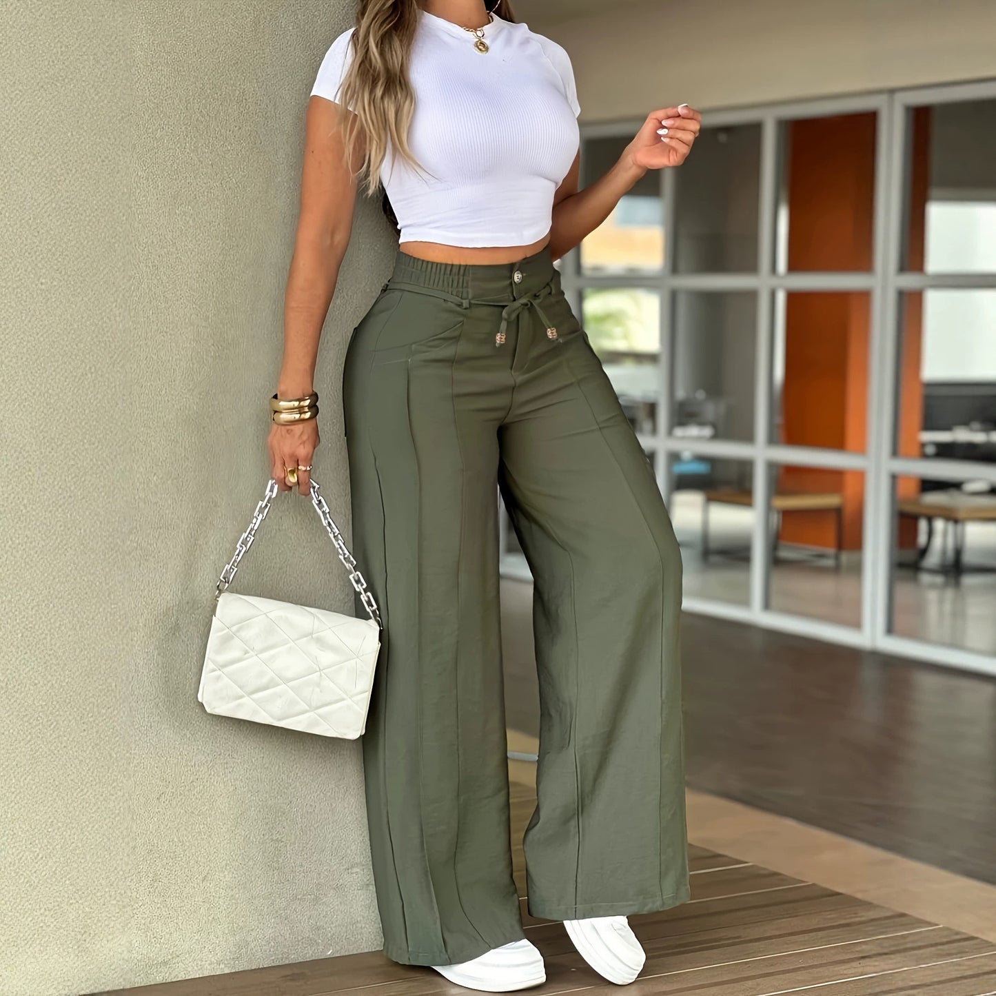 2026 European and American style front mid-line wide-leg trousers, high-waisted lace-up hip-covering draped casual trousers for women wholesale