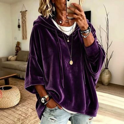 Women's Velvet Oversized Hoodie - Soft Batwing Pullover Hooded Sweatshirt