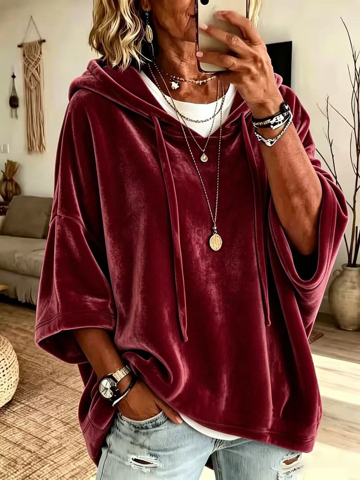 Women's Velvet Oversized Hoodie - Soft Batwing Pullover Hooded Sweatshirt