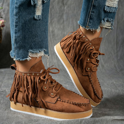 Women's Plus-Size Fringed Ankle Boots — Warm Plush-Lined Retro Lace-Up Boots