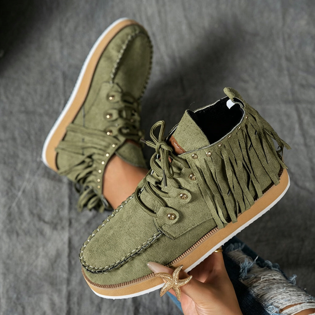Women's Plus-Size Fringed Ankle Boots — Warm Plush-Lined Retro Lace-Up Boots