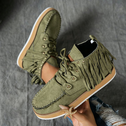 Women's Plus-Size Fringed Ankle Boots — Warm Plush-Lined Retro Lace-Up Boots