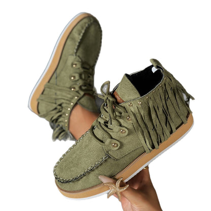 Women's Plus-Size Fringed Ankle Boots — Warm Plush-Lined Retro Lace-Up Boots