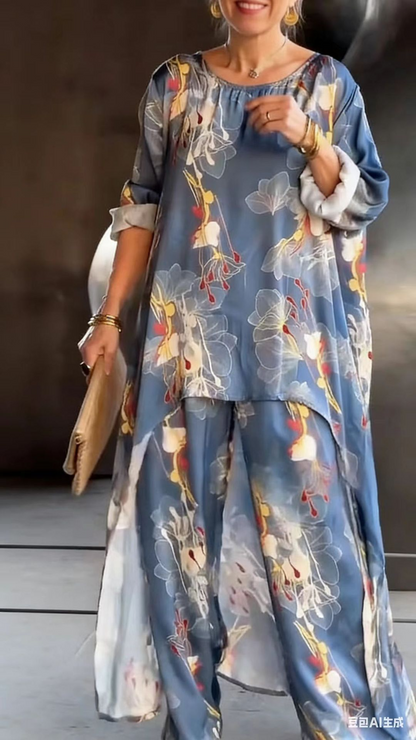 Women's Floral Print Asymmetrical Tunic & Pants Set