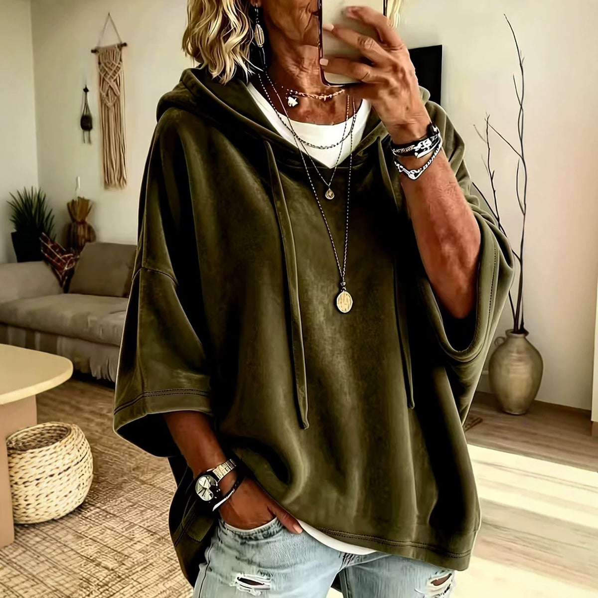 Women's Velvet Oversized Hoodie - Soft Batwing Pullover Hooded Sweatshirt