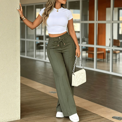 2026 European and American style front mid-line wide-leg trousers, high-waisted lace-up hip-covering draped casual trousers for women wholesale