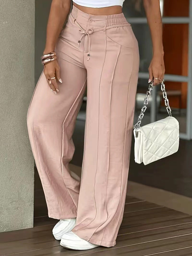 2026 European and American style front mid-line wide-leg trousers, high-waisted lace-up hip-covering draped casual trousers for women wholesale