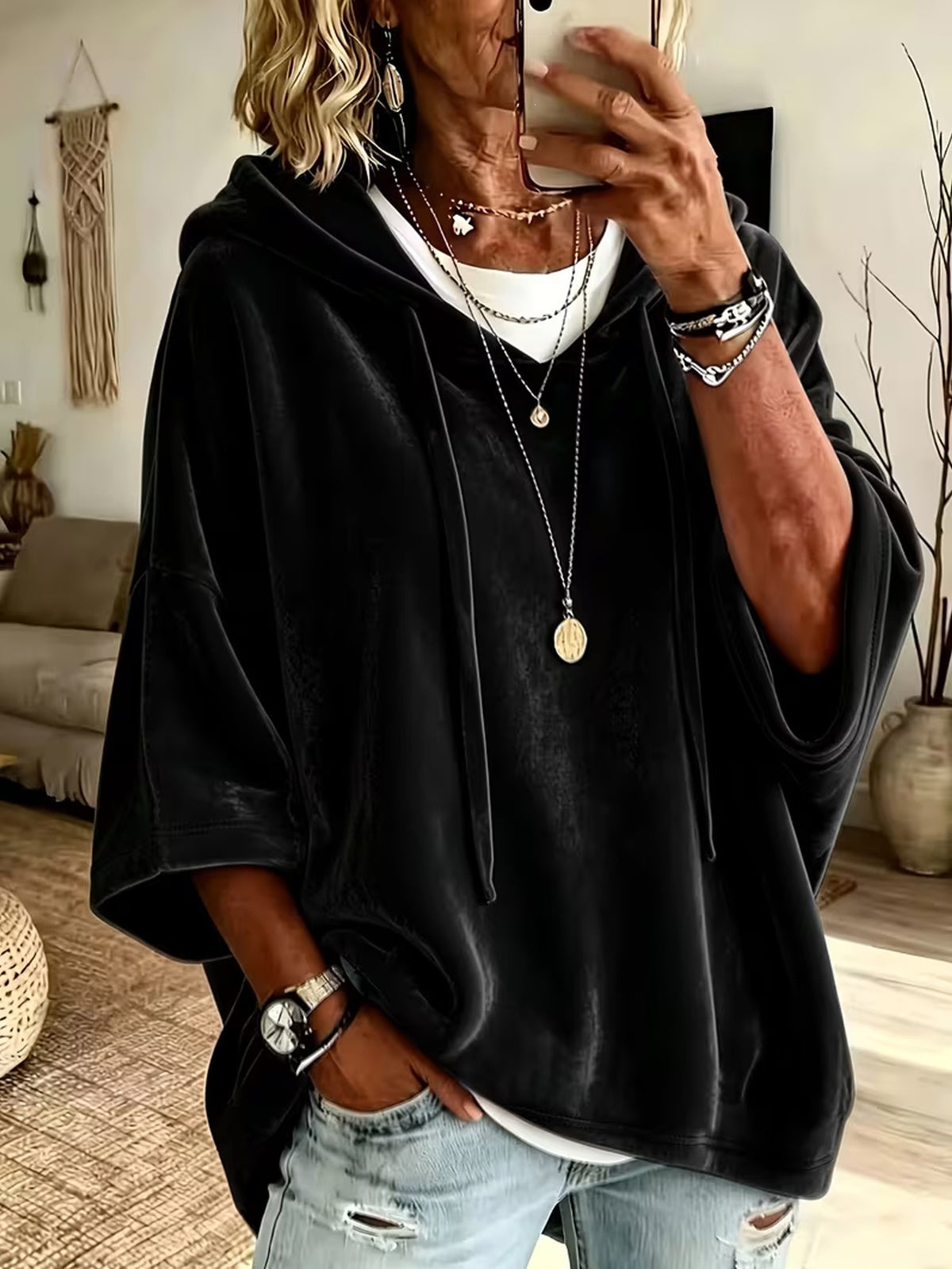 Women's Velvet Oversized Hoodie - Soft Batwing Pullover Hooded Sweatshirt